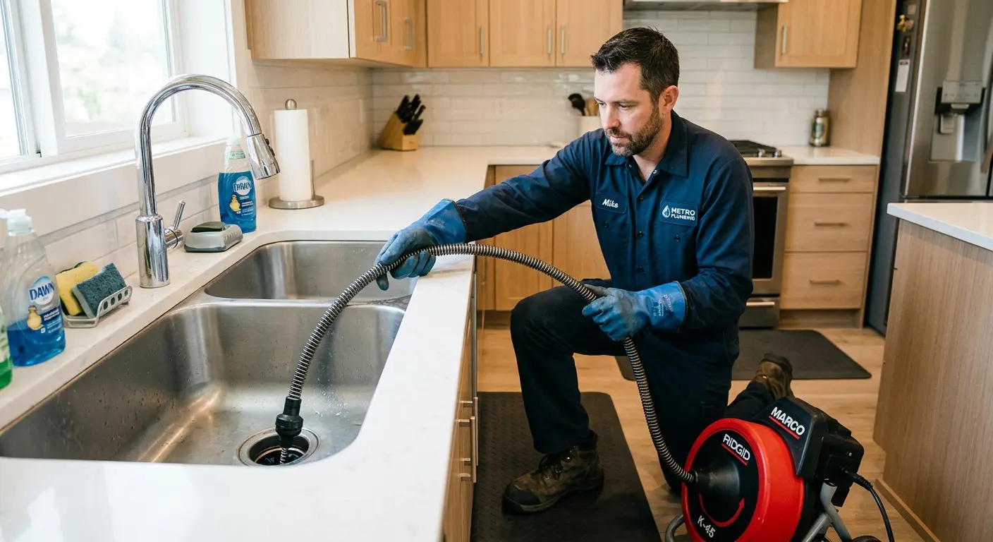 Drain cleaning technician using a motorized snake on a kitchen sink in Franklin