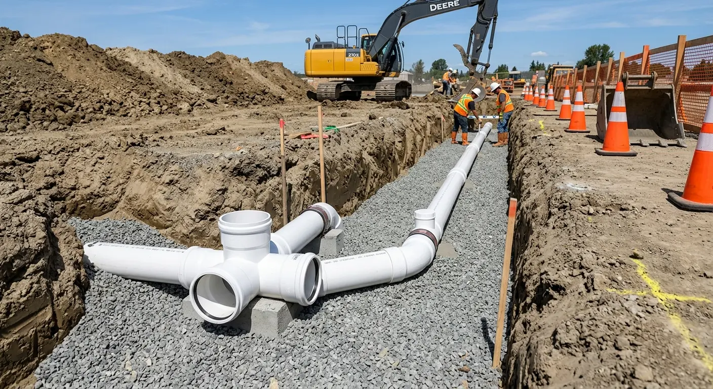 New PVC sewer pipe installation in open trench for Sewer Backup in Franklin