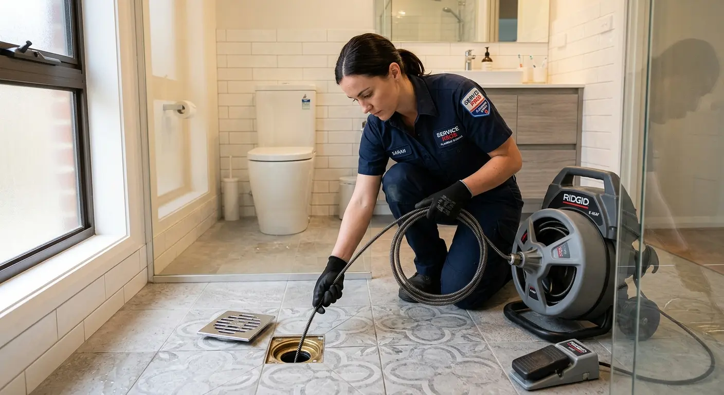 Technician clearing a bathroom floor drain for Drain Repair in Franklin